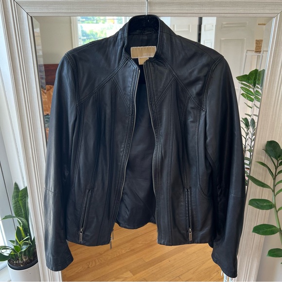 Michael Kors Genuine Leather Racer Moto Jacket Zip-Up Black ‎ Size Medium - Picture 1 of 9